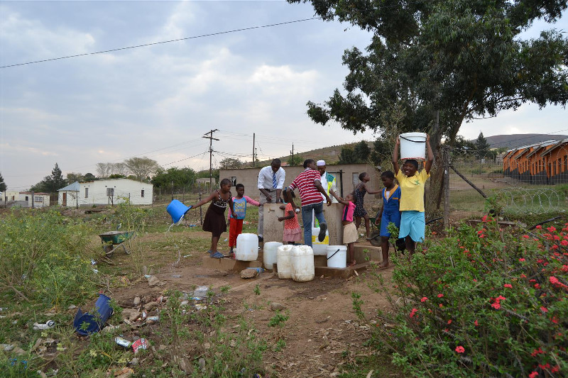 This tap facility  connected to the borehole at Mahlabathini primary is well used by the surrounding community in Sishwili, Ulundi